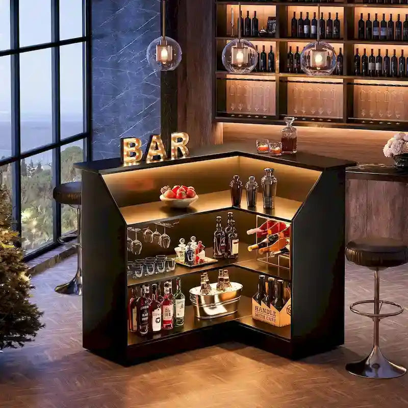 Meuble-bar en L avec porte-verres à pied pour bar à domicile