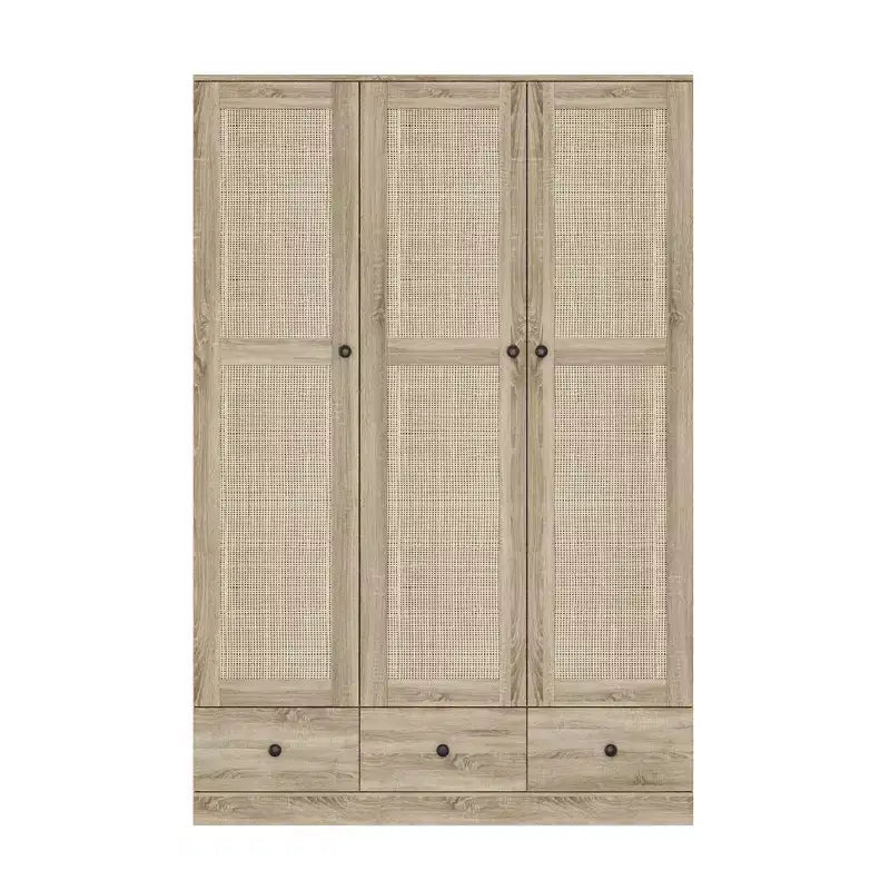 Armadio in rattan Famapy con 3 cassetti e 3 ante traspiranti in rattan, armadio alto in stile rustico per camera da letto