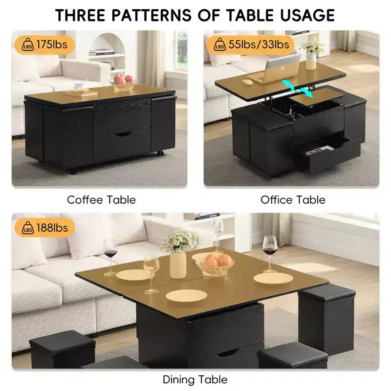 Table basse moderne multifonctionnelle à plateau relevable avec rangement caché, 4 tabourets et roulettes, idéale pour les espaces de vie modernes