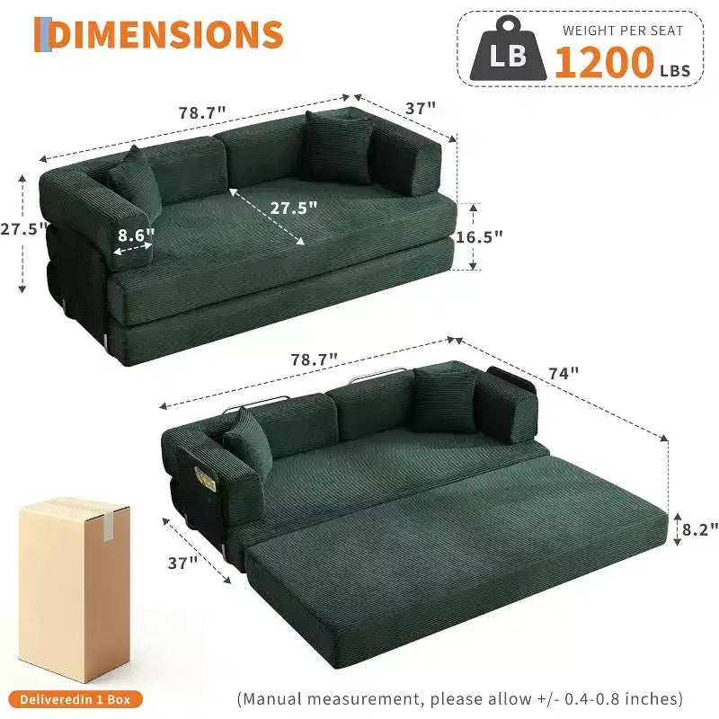 5-in-1-Schlafsofa, 78.8 modulares Cordsofa mit stabilem Gestell, multifunktionales Futon für kleine Räume, Wohnzimmer und Gästezimmer