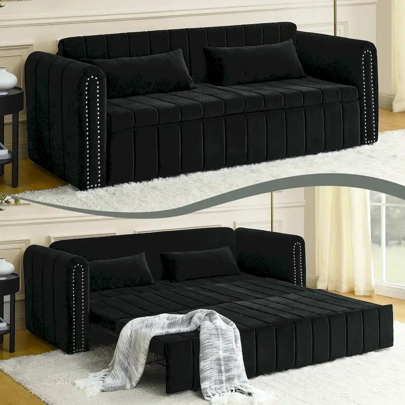 Nowoczesna rozkładana sofa z funkcją spania, tapicerowana aksamitem, z zaokrąglonymi podłokietnikami ozdobionymi miedzianymi ćwiekami