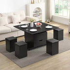 Table basse moderne multifonctionnelle à plateau relevable avec rangement caché, 4 tabourets et roulettes, idéale pour les espaces de vie modernes