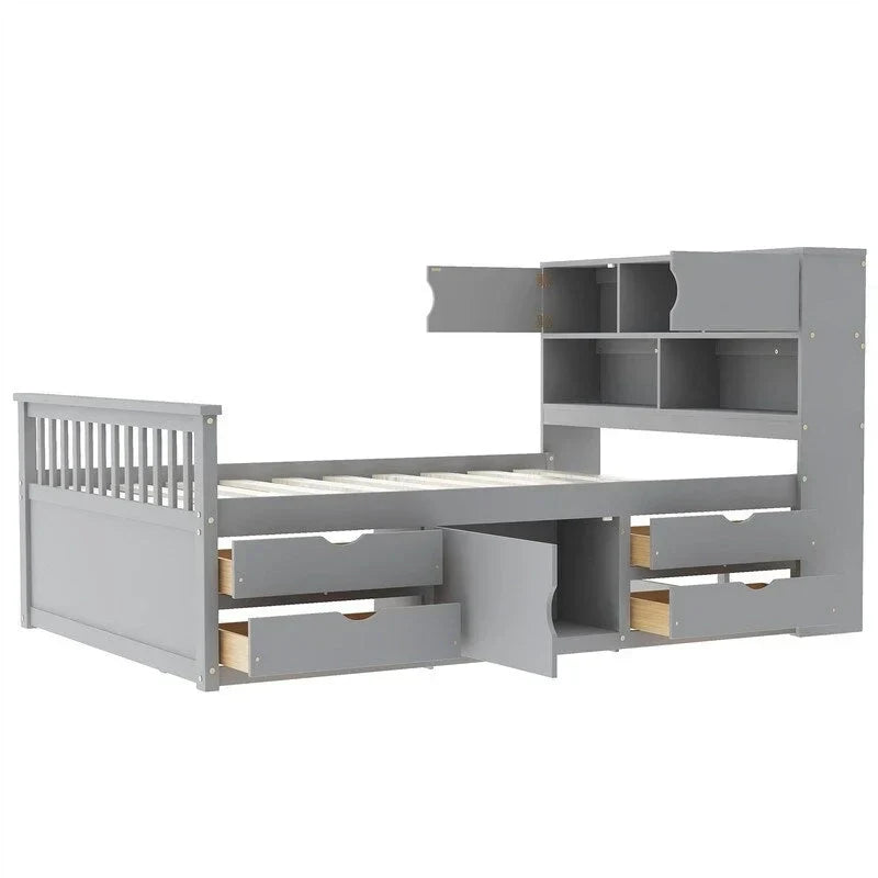 Lit plateforme capitaine une place/deux places avec 4 tiroirs et étagères de rangement, cadre en bois massif avec tête de lit bibliothèque et rangements