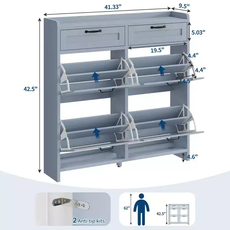 Meuble à chaussures avec 4 tiroirs basculants et 2 tiroirs supérieurs, meuble organiseur à chaussures en bois avec étagère réglable, meuble de rangement à chaussures autoportant