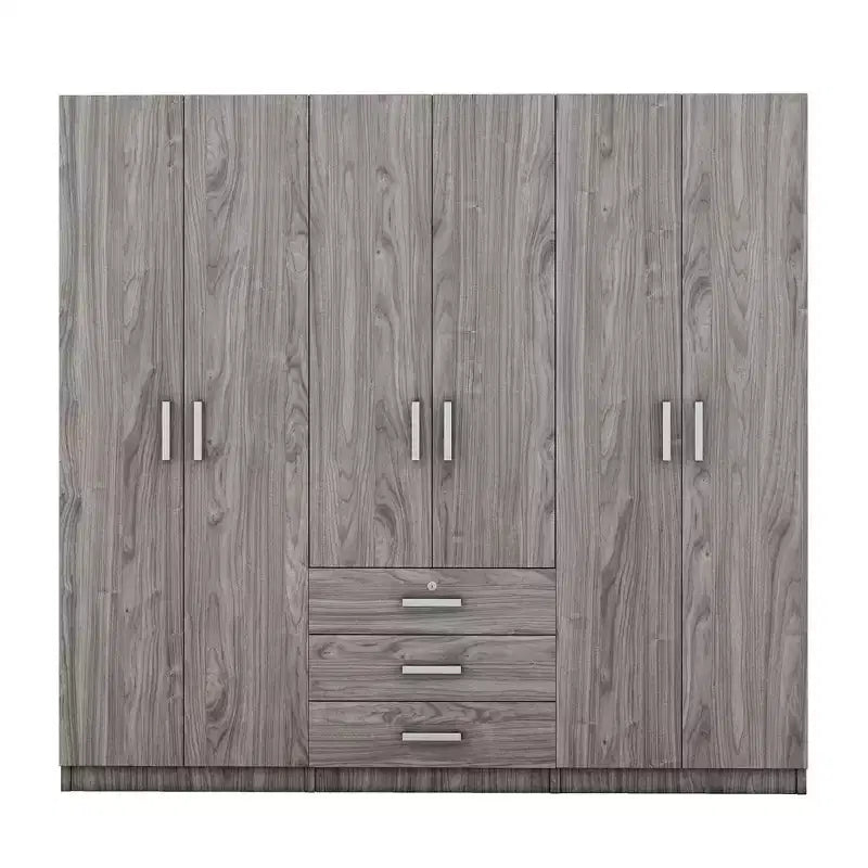 Guarda-roupa de madeira com 6 portas e gavetas para quarto