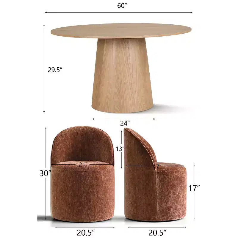 Conjunto de jantar moderno para 6 pessoas, mesa redonda com pé central, cadeiras giratórias tipo barril com rodas, chenille texturizado - Panipeachy