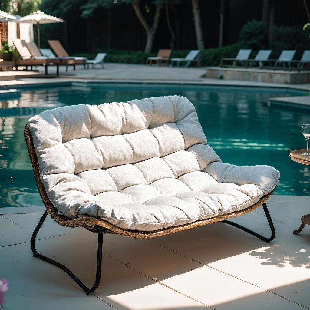 Poltrona doppia Papasan con cuscino, in rattan PE resistente a tutte le condizioni atmosferiche e struttura in metallo, per interni ed esterni