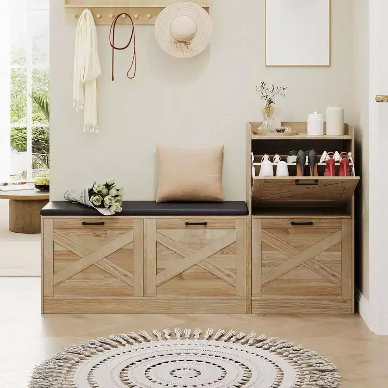 Schoenenkast in landelijke stijl, houten halbank met 4 klepkasten, smalle verborgen schoenenopberger, vrijstaand schoenenrek voor hal of entree