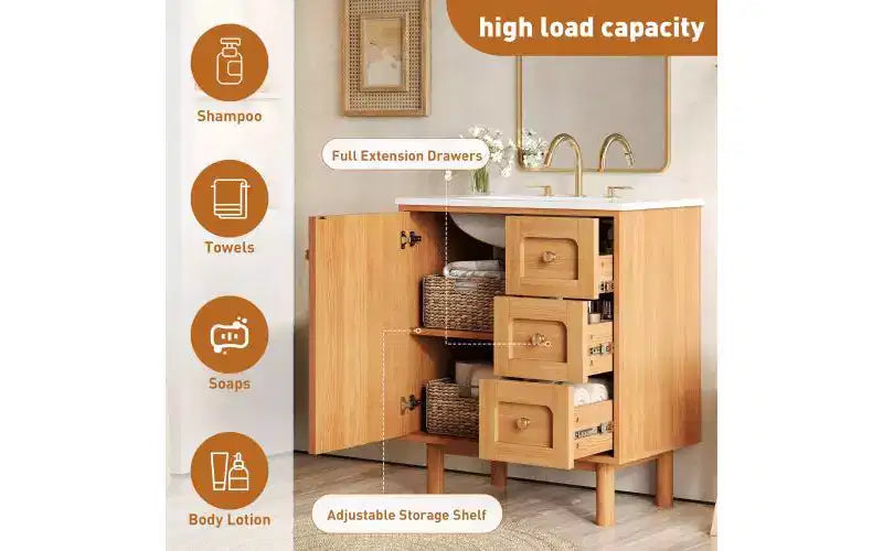 JVNOXK Keramik-Waschtischunterschrank, 30 Zoll, rustikal-modern, mit 3 Schubladen und 1 großen Tür mit Soft-Close-Funktion, Aufbewahrungsschrank, natürliche Holzmaserung