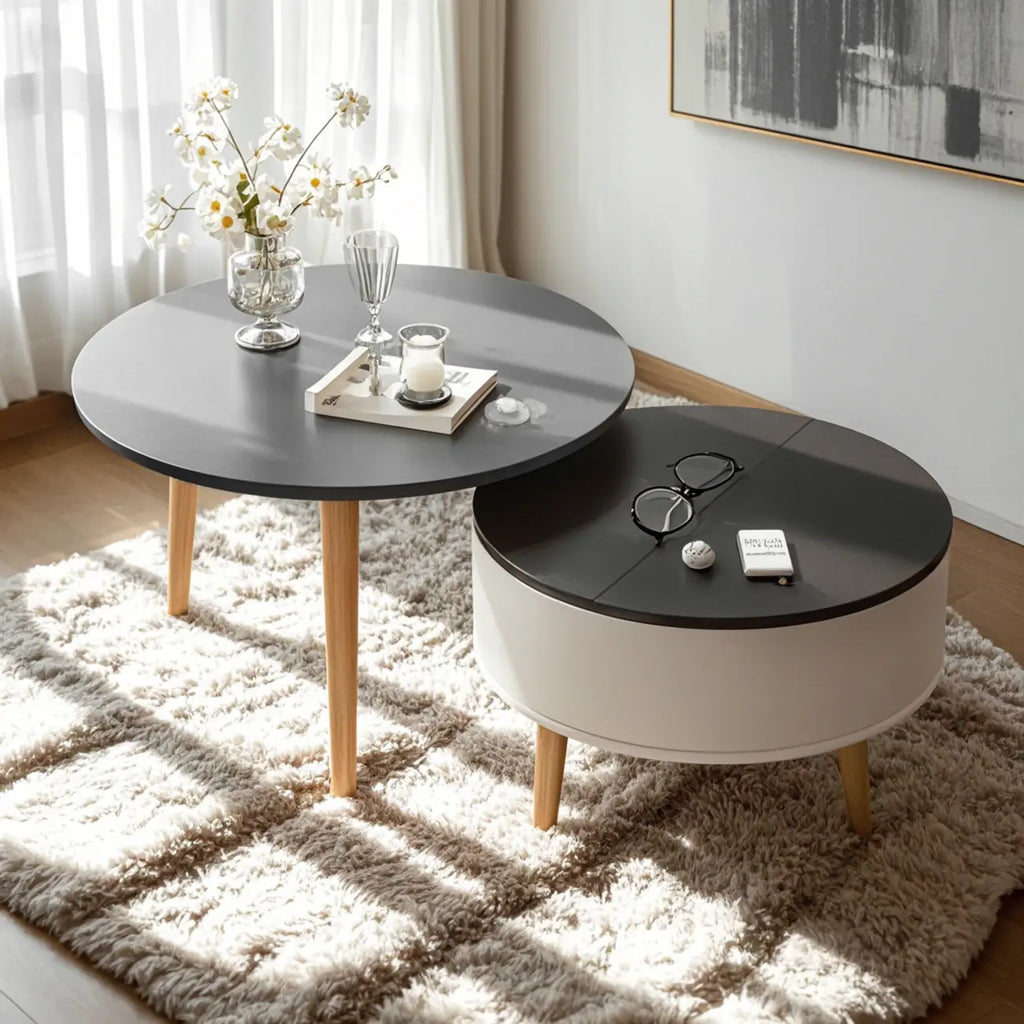 Moderne ronde houten salontafel in zwart-wit met opbergruimte