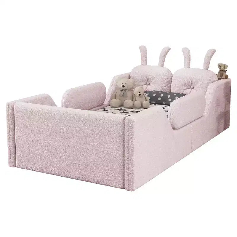 Whisen eenpersoonsbed met platform, gestoffeerd kinderbedframe voor op de vloer met konijnenkussen en afneembare zijhekken
