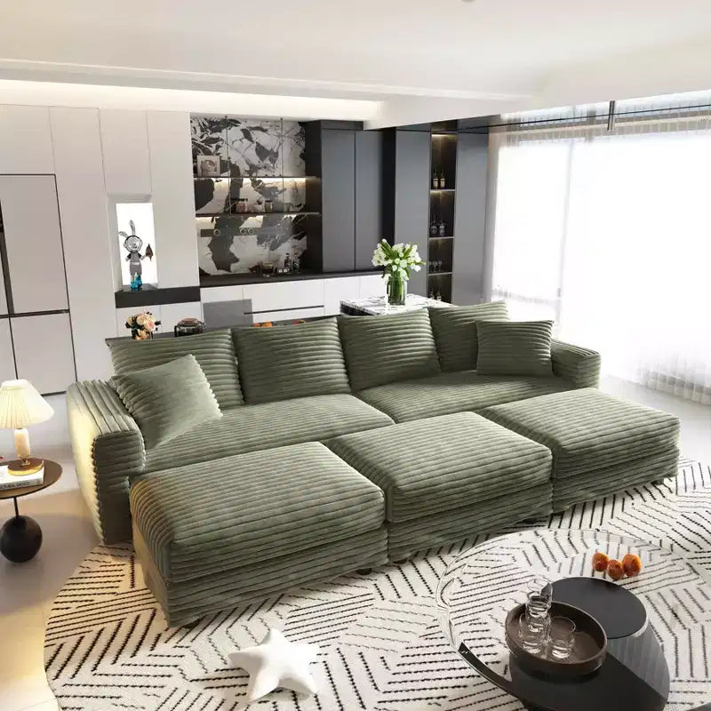 102.4 Plüschiges Cord-Schlafsofa für 4 Personen mit Hockern - Grün