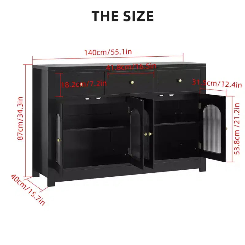 55-Zoll-Aufbewahrungsschrank, schmales Esszimmer-Buffet-Sideboard mit 3 Schubladen und 4 Türen für Küche, Esszimmer und Wohnzimmer