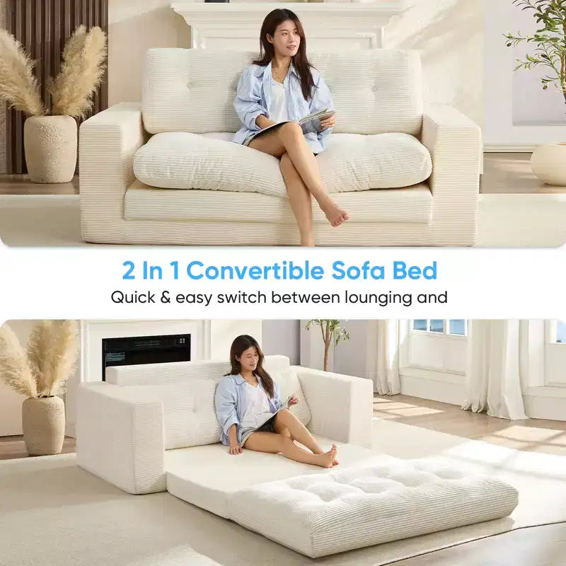 Mjkone 71' 2-in-1-Schlafsofa, umwandelbar, Cordstoff, klappbar, mit Knopfheftung, Zweisitzer-Schlafsofa, platzsparend