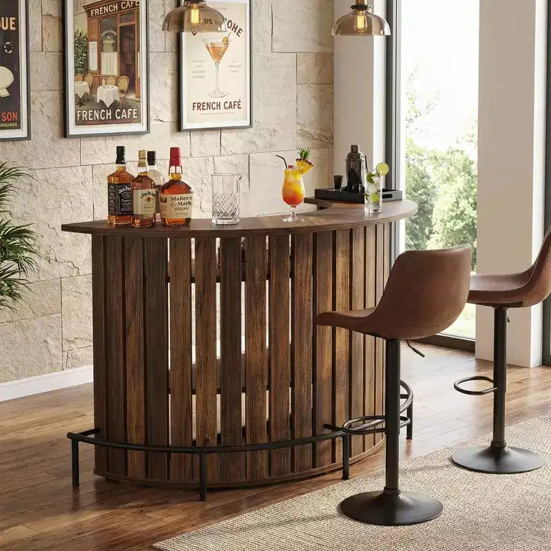 Mesa de bar pequena de arrumação com 4 prateleiras em arco, armário de bar moderno de estilo rústico com apoio para os pés e estrutura em MDF