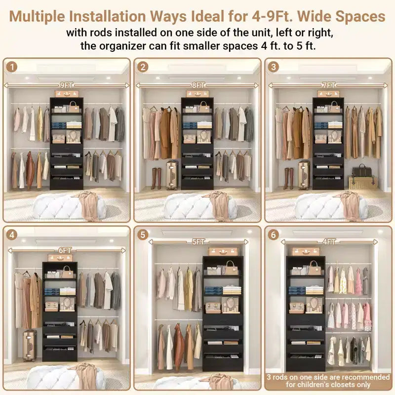 Besiost-Schrankorganisationssystem aus Holz, 4-9 Ft, mit 4 Schubladen, 4 Kleiderstangen und Regaltürmen