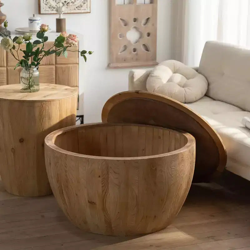 Tavolino da salotto rotondo in legno con contenitore, stile retrò, adatto al soggiorno, alla sala da pranzo o all'ufficio.