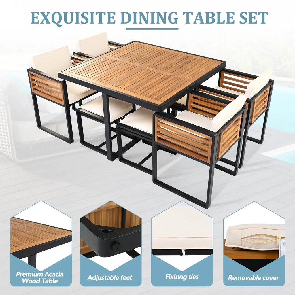 18-teiliges Garten-Esszimmer-Set aus Akazienholz, 8 gepolsterte Stühle, 8 Hocker und 2 quadratische Tische