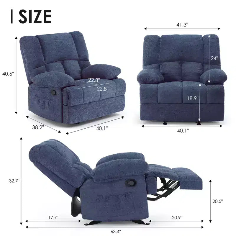 Blauwe extra grote relaxfauteuil met schommelfunctie en chenillebekleding
