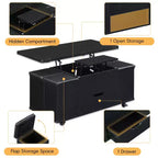 Table basse moderne multifonctionnelle à plateau relevable avec rangement caché, 4 tabourets et roulettes, idéale pour les espaces de vie modernes