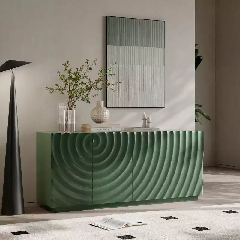 59 moderner Spiralen-Sideboardschrank, flacher kunstvoller Aufbewahrungsschrank für den Eingangsbereich mit Türen in 3D-Wellenoptik