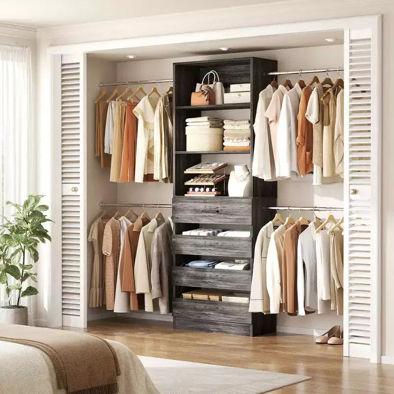 Besiost-Schrankorganisationssystem aus Holz, 4-9 Ft, mit 4 Schubladen, 4 Kleiderstangen und Regaltürmen