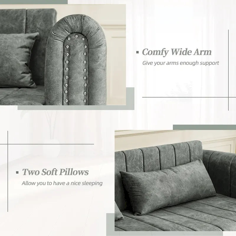 Nowoczesna rozkładana sofa z funkcją spania, tapicerowana aksamitem, z zaokrąglonymi podłokietnikami ozdobionymi miedzianymi ćwiekami