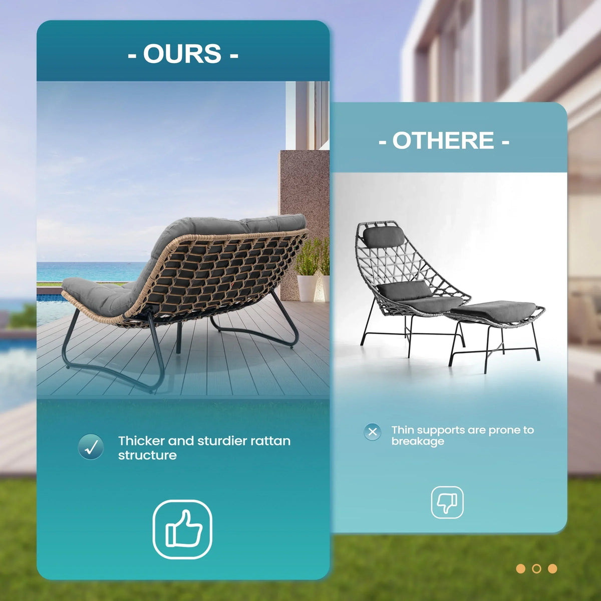 Poltrona doppia Papasan con cuscino, in rattan PE resistente a tutte le condizioni atmosferiche e struttura in metallo, per interni ed esterni