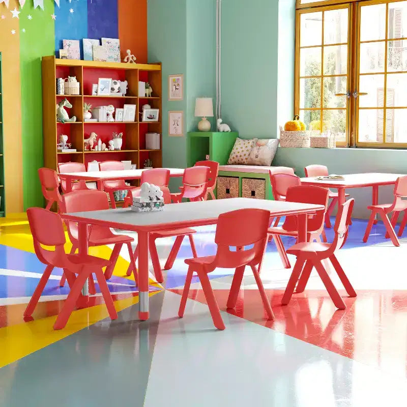 Conjunto Emma and Oliver de mesa retangular de atividades em plástico, com altura ajustável, 23.625W x 47.25L e 6 cadeiras