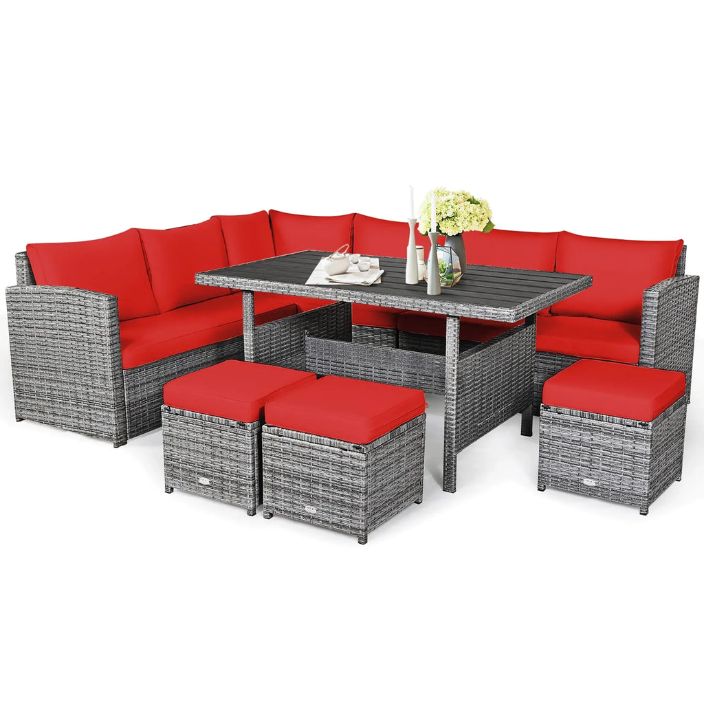 Costway 7-teiliges Ess-Set aus Polyrattan für die Terrasse mit Ecksofa und Hocker - Details ansehen