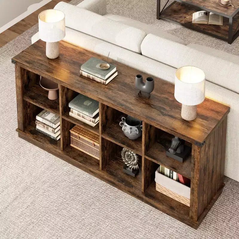 Bücherregal mit 8 Fächern, im Landhausstil, waagerecht, 62 Inch, aus Holz, für den Eingangsbereich, langes, niedriges Bücherregal fürs Wohnzimmer