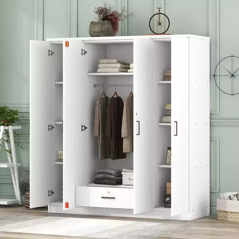 Viertüriger Kleiderschrank aus Holz mit Kleiderstange, 1 Schublade und Einlegeböden