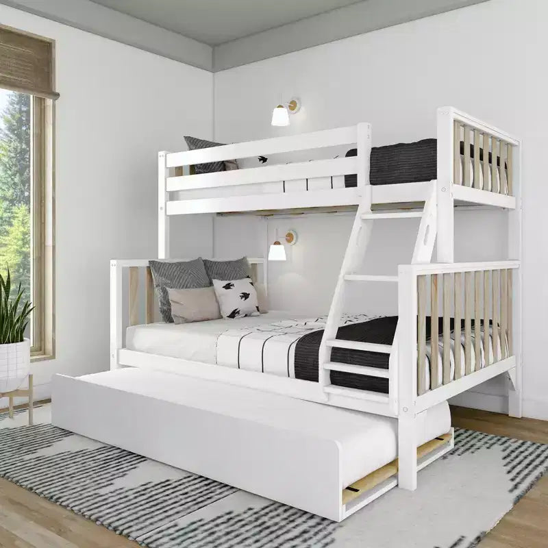 Letto a castello Max & Lily con letto estraibile, singolo sopra matrimoniale, in legno massello, stile scandinavo, per bambini