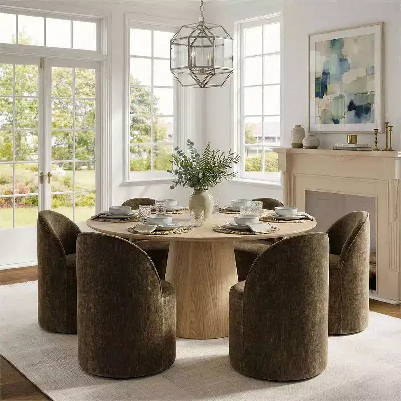 Conjunto de jantar moderno para 6 pessoas, mesa redonda com pé central, cadeiras giratórias tipo barril com rodas, chenille texturizado - Panipeachy