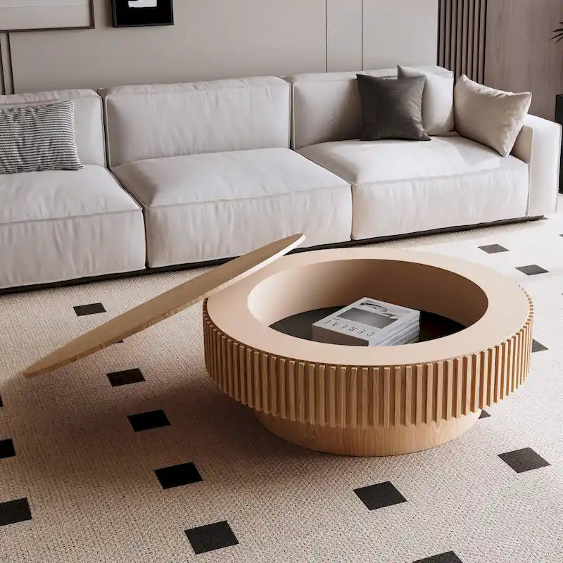 Table basse ronde moderne en bois massif plaqué, avec rangement