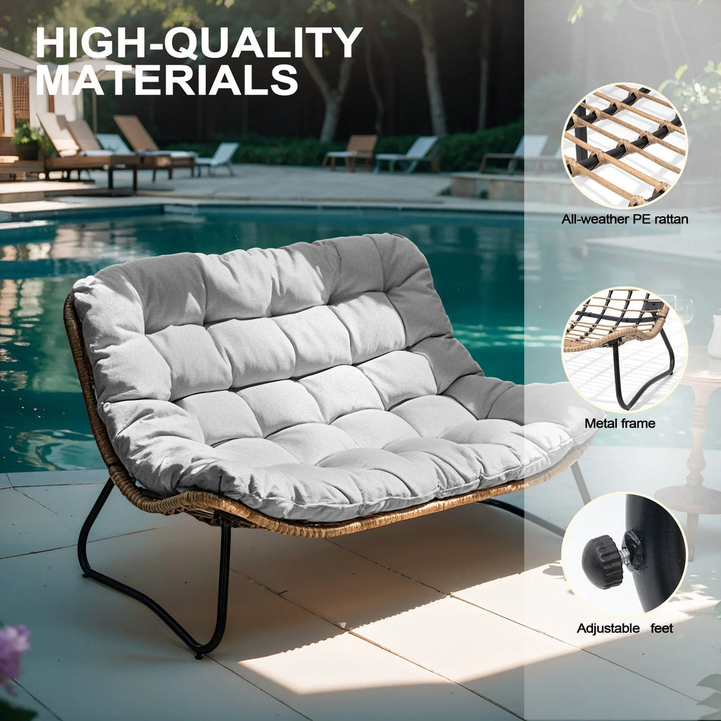Poltrona doppia Papasan con cuscino, in rattan PE resistente a tutte le condizioni atmosferiche e struttura in metallo, per interni ed esterni