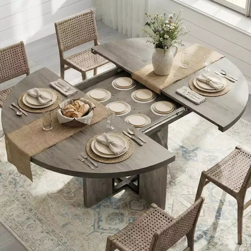 Mesa de jantar redonda extensível 47-63 para 4-8 pessoas, mesa de cozinha expansível em madeira de estilo rústico com estrutura metálica, oval e economizadora de espaço para apartamento, cinzento retro