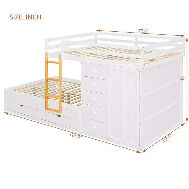 Etagenbett in Full-over-Full-Größe mit Kleiderschrank und Schubladen, platzsparendes Etagenbett aus Holz in Full-Größe mit Rausfallschutz für Wohnung und Schlafzimmer