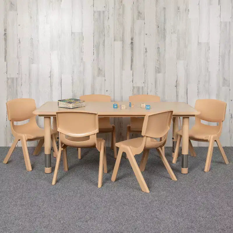 Conjunto Emma and Oliver de mesa retangular de atividades em plástico, com altura ajustável, 23.625W x 47.25L e 6 cadeiras