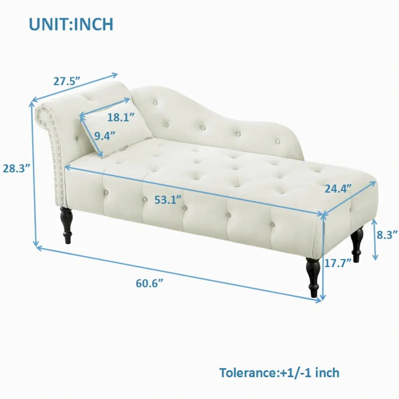 Moderne Chaiselongue, 60.6, mit Samtbezug, Knopfheftung, Beinen aus Massivholz und Ziernägeln