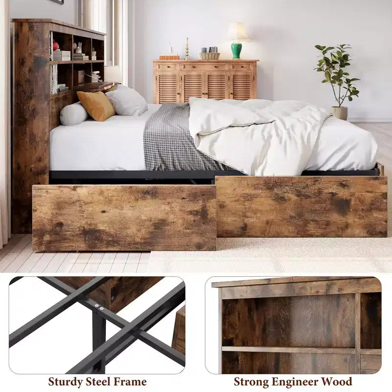 Estrutura de cama de casal com cabeceira de arrumação, estrutura de madeira com 4 gavetas, estante de arrumação e cama de plataforma king size com suporte metálico resistente