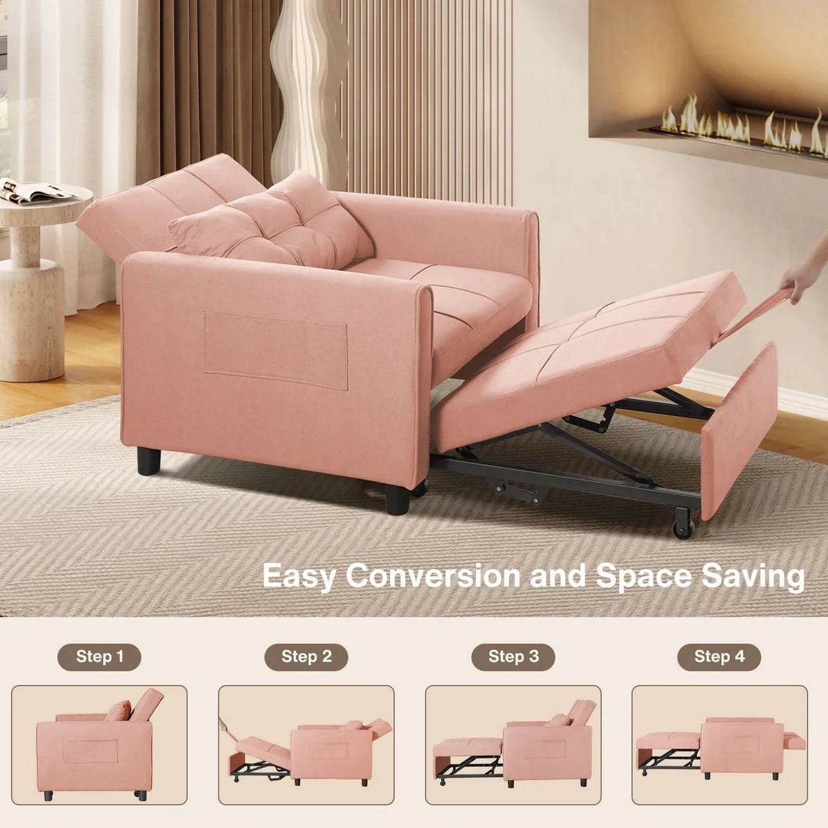 Sofá-cama ajustável 3 em 1, sofá-cadeirão extensível, cama dobrável convertível para sala de estar