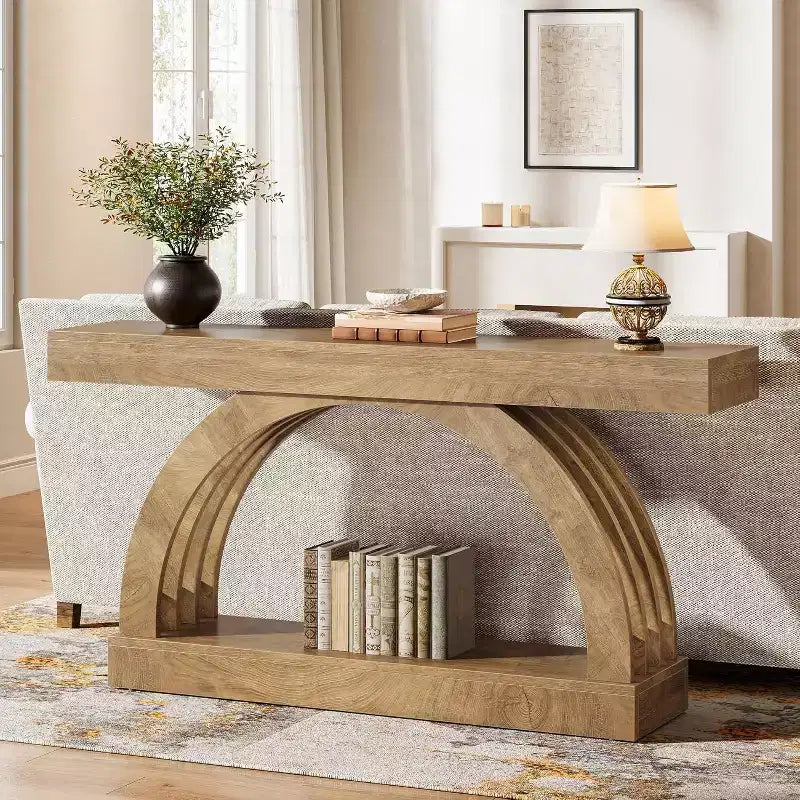 Lantine 63-Zoll-Eingangstisch, zweistöckiger Sofatisch hinter dem Sofa, schmale, einzigartige Konsole im Landhausstil mit Bogenform für Flur, Wohnzimmer und Eingangsbereich, naturfarben