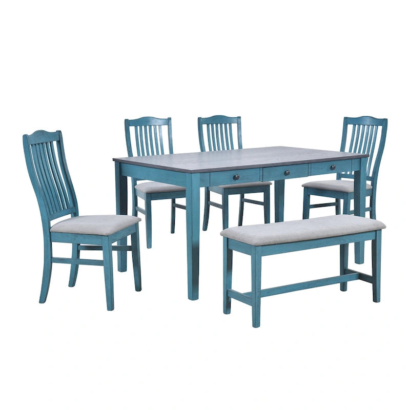 Eetkamerset van hout, 6-delig, met 4 stoelen en een bankje, tafel met lade