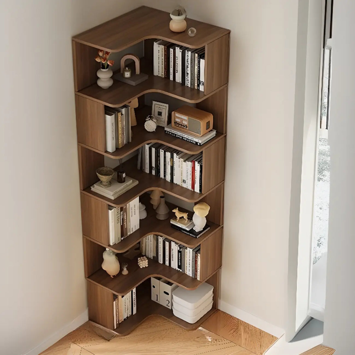 Libreria angolare in legno ingegnerizzato con 6 ripiani