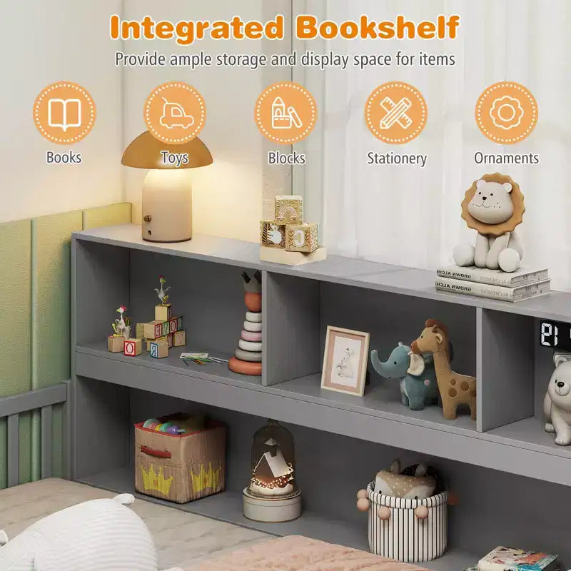 Letto Montessori a terra Twin/Full con libreria, ripiani contenitori e sponde di sicurezza, bianco/grigio
