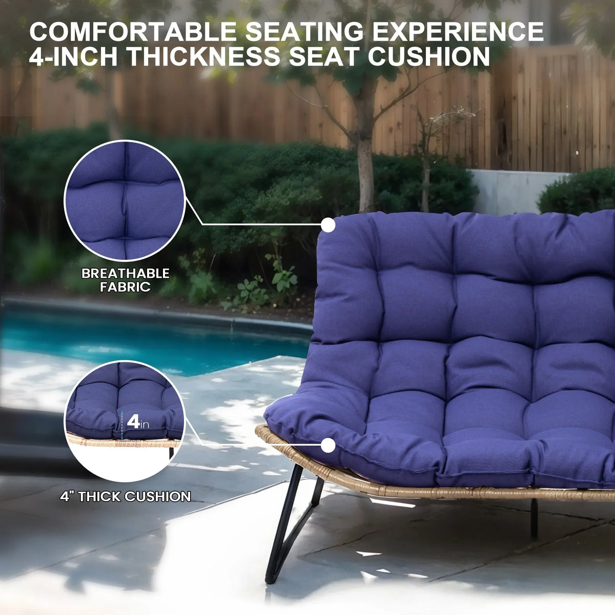 Poltrona doppia Papasan con cuscino, in rattan PE resistente a tutte le condizioni atmosferiche e struttura in metallo, per interni ed esterni