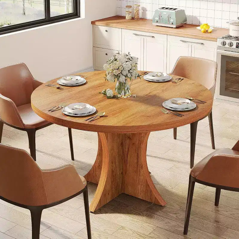 Lantine ronde eettafel van 47.24 inch voor 4-6 personen, eettafel in landelijke stijl met middenpoot, kleine eettafel voor de eetkamer of woonkamer, bruin