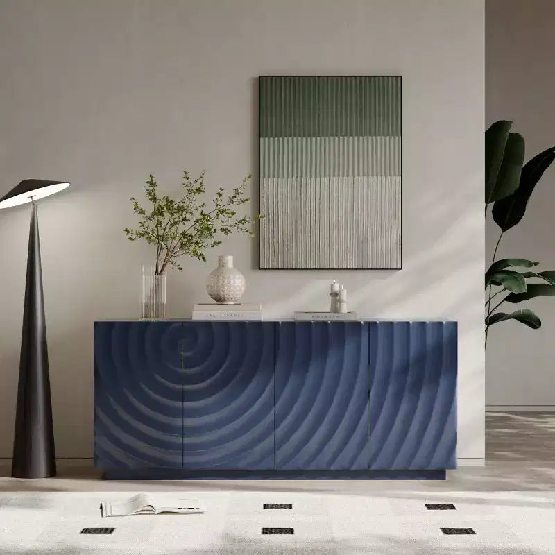59 moderner Spiralen-Sideboardschrank, flacher kunstvoller Aufbewahrungsschrank für den Eingangsbereich mit Türen in 3D-Wellenoptik