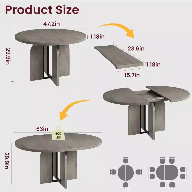 Mesa de jantar redonda extensível 47-63 para 4-8 pessoas, mesa de cozinha expansível em madeira de estilo rústico com estrutura metálica, oval e economizadora de espaço para apartamento, cinzento retro